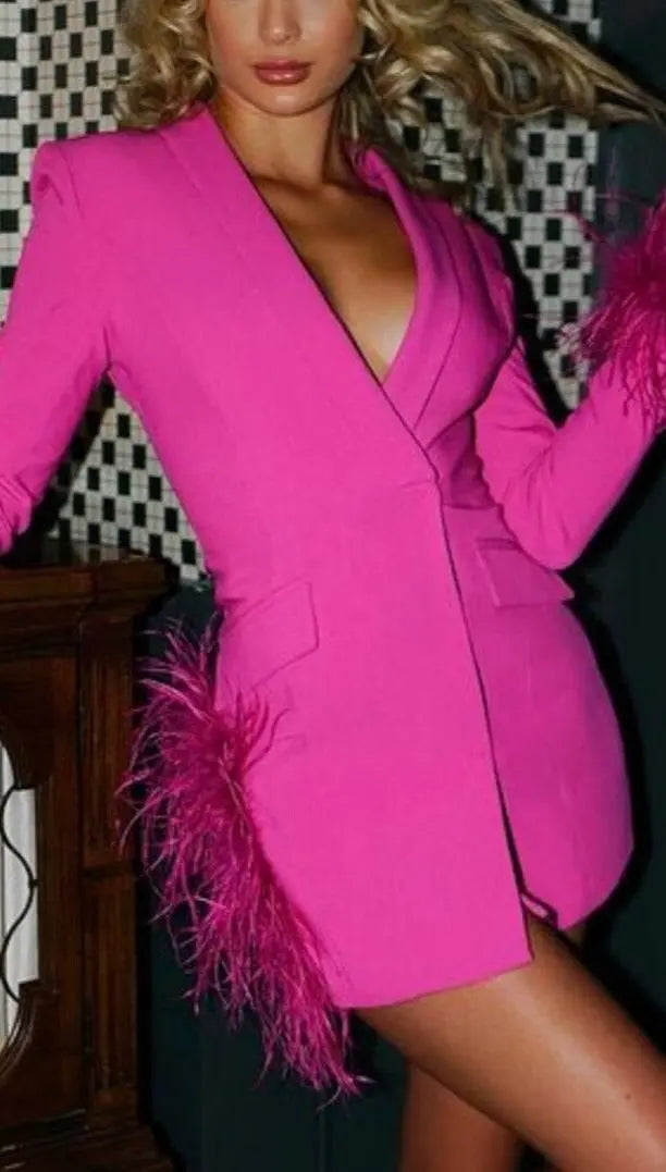 Feather Jacket Dress In Hyper Pink