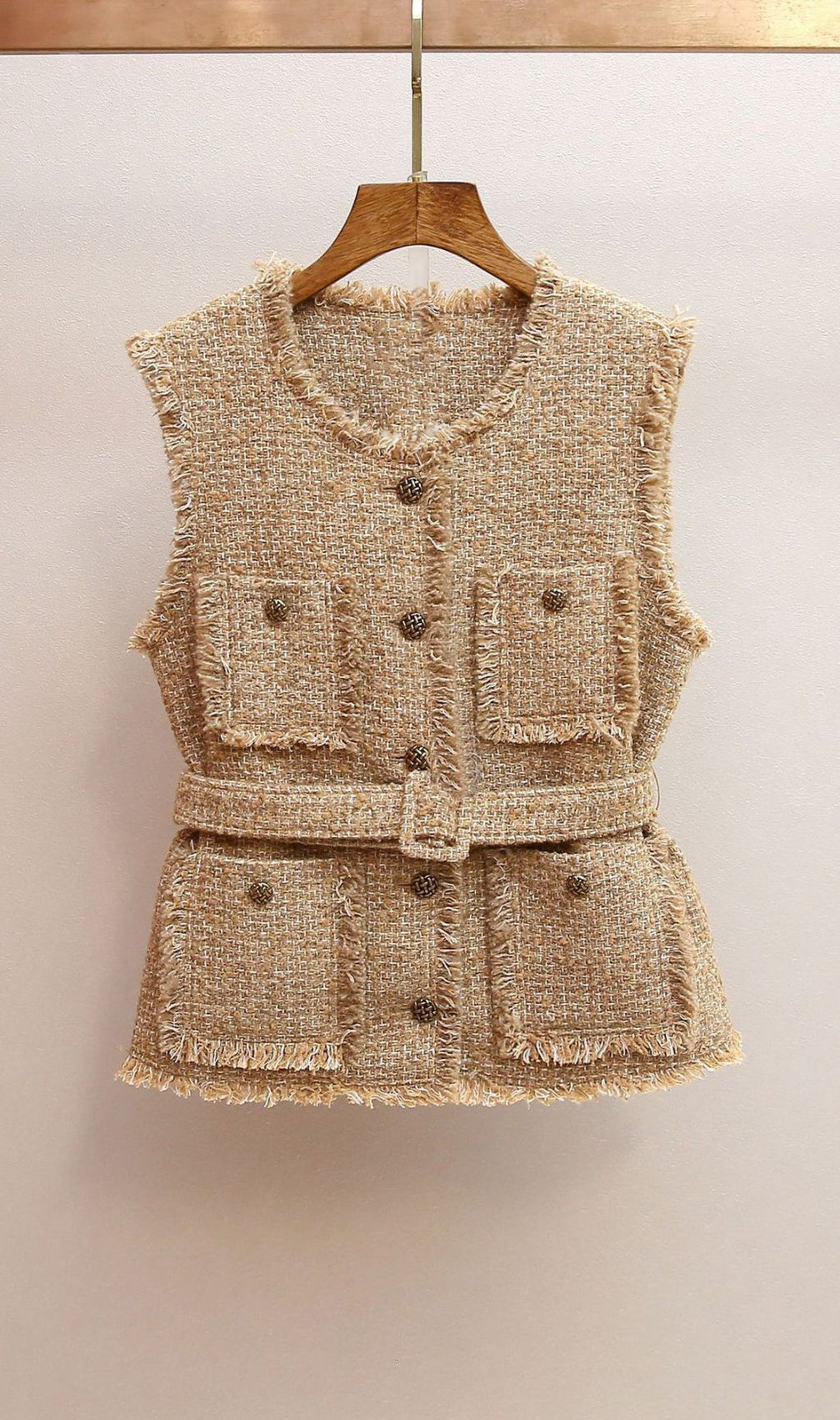 Iara Chic Tweed Belted Vest for Women | Fringed & Structured