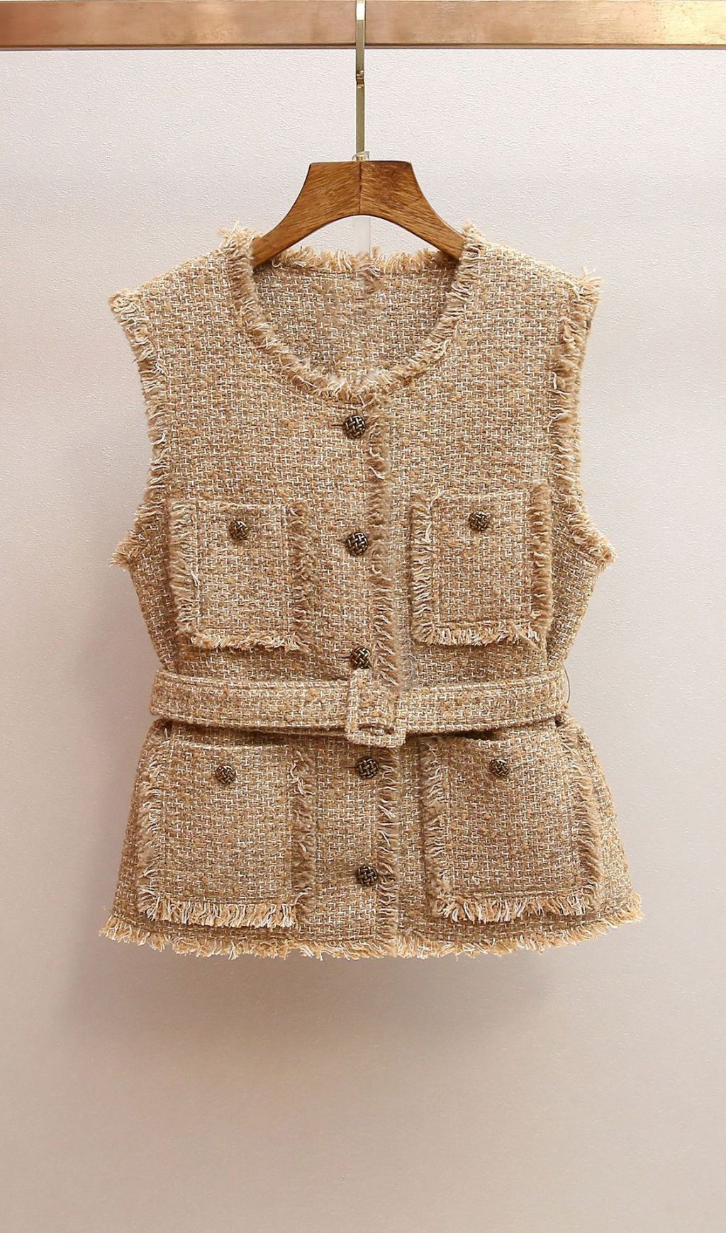 Iara Chic Tweed Belted Vest for Women | Fringed & Structured
