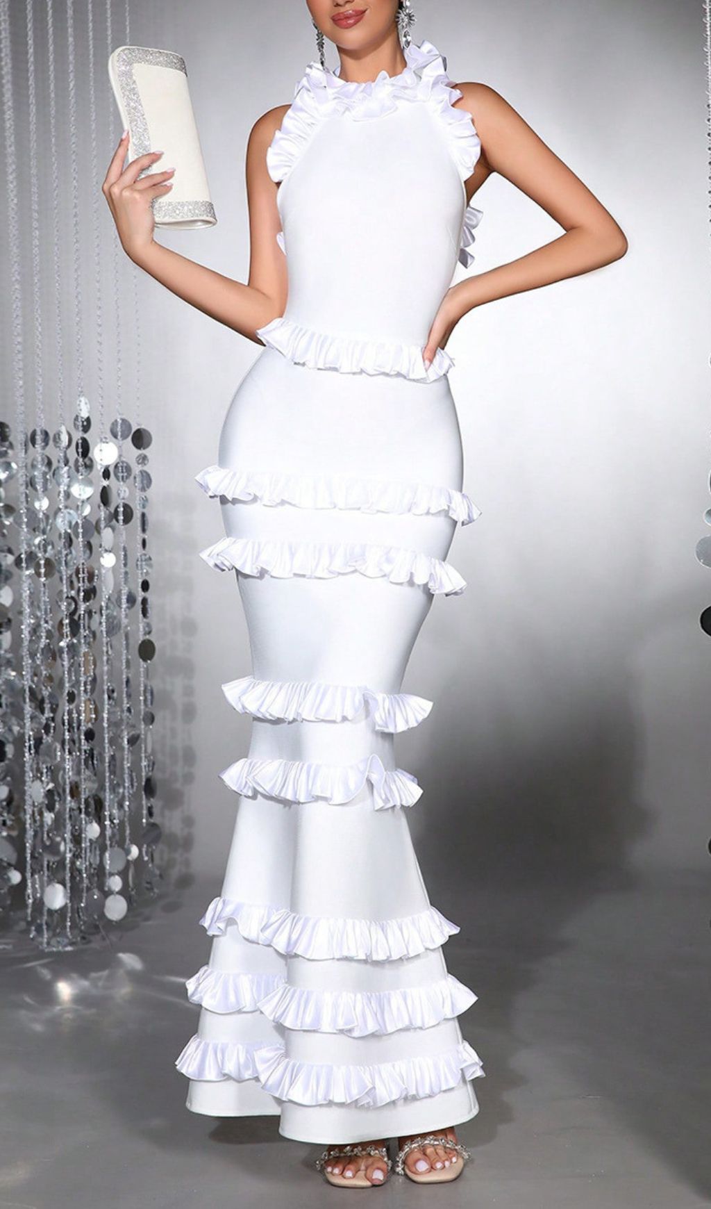 Haina White Halter Ruffle Bandage Maxi Dress | Elegant Tiered Gown for Special Occasions