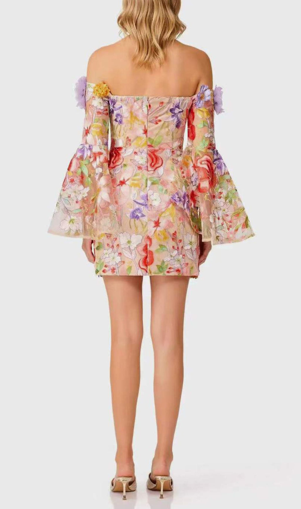 Iga Floral Embroidered Off-Shoulder Mini Dress | Whimsical 3D Blooms & Bell Sleeves