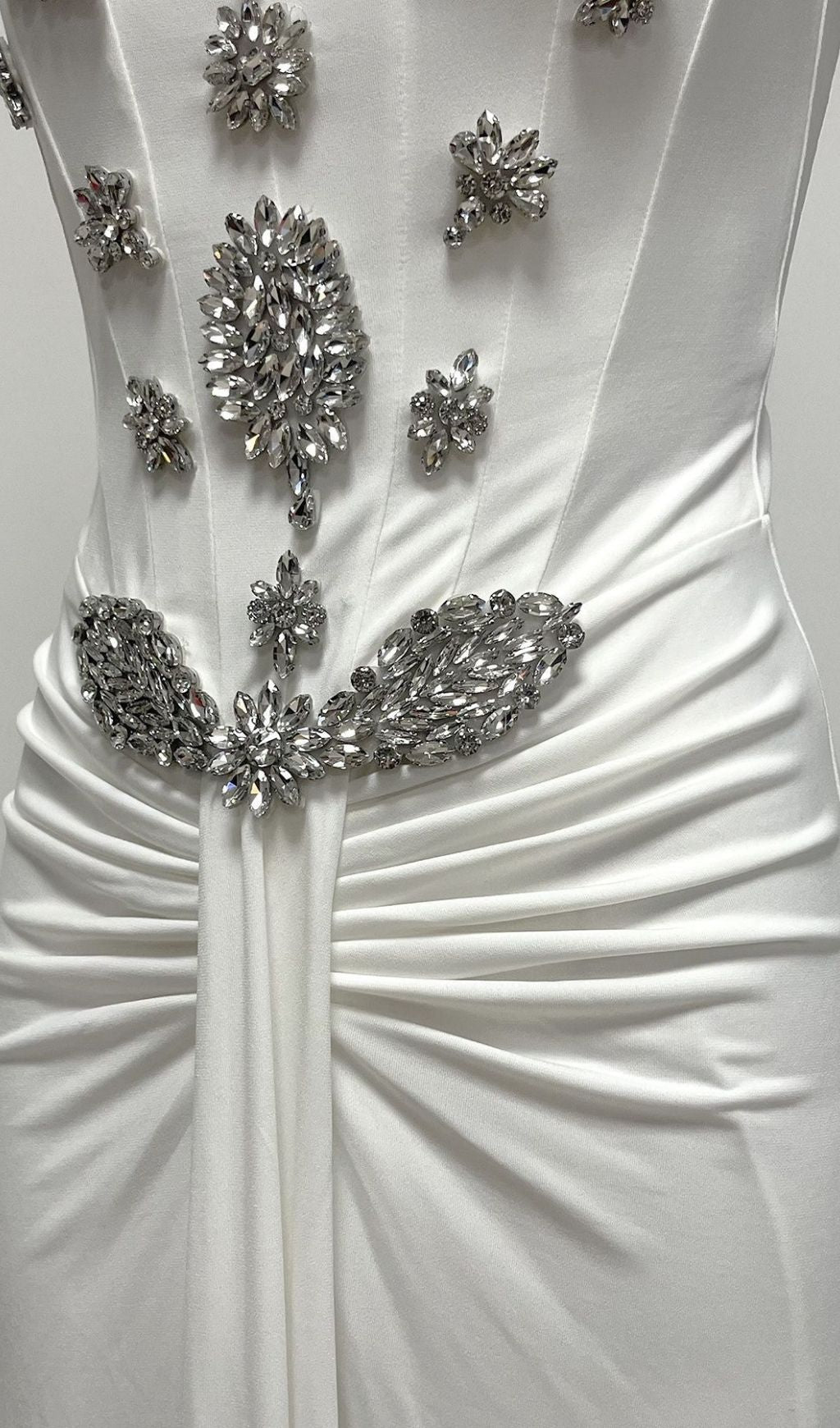 Kestrel White Diamante Ruched Maxi Gown - Elegant Evening & Gala Dress