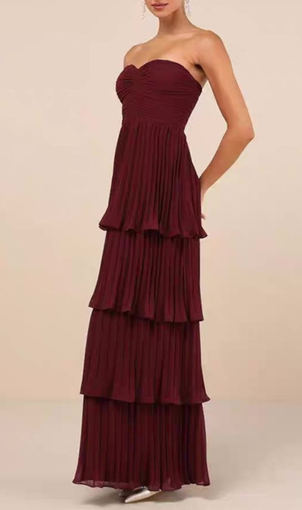Ensio Wine Strapless Pleated Maxi Dress