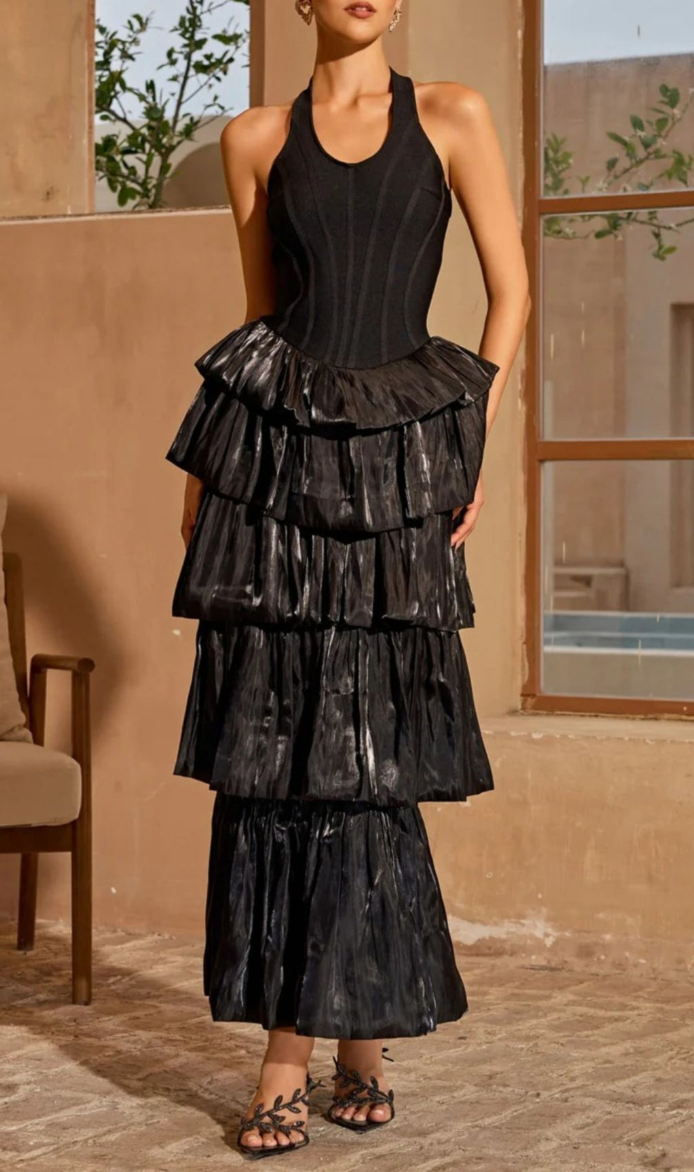 Karev Glamorous Halterneck Metallic Tiered Maxi Dress - Shimmer & Shine