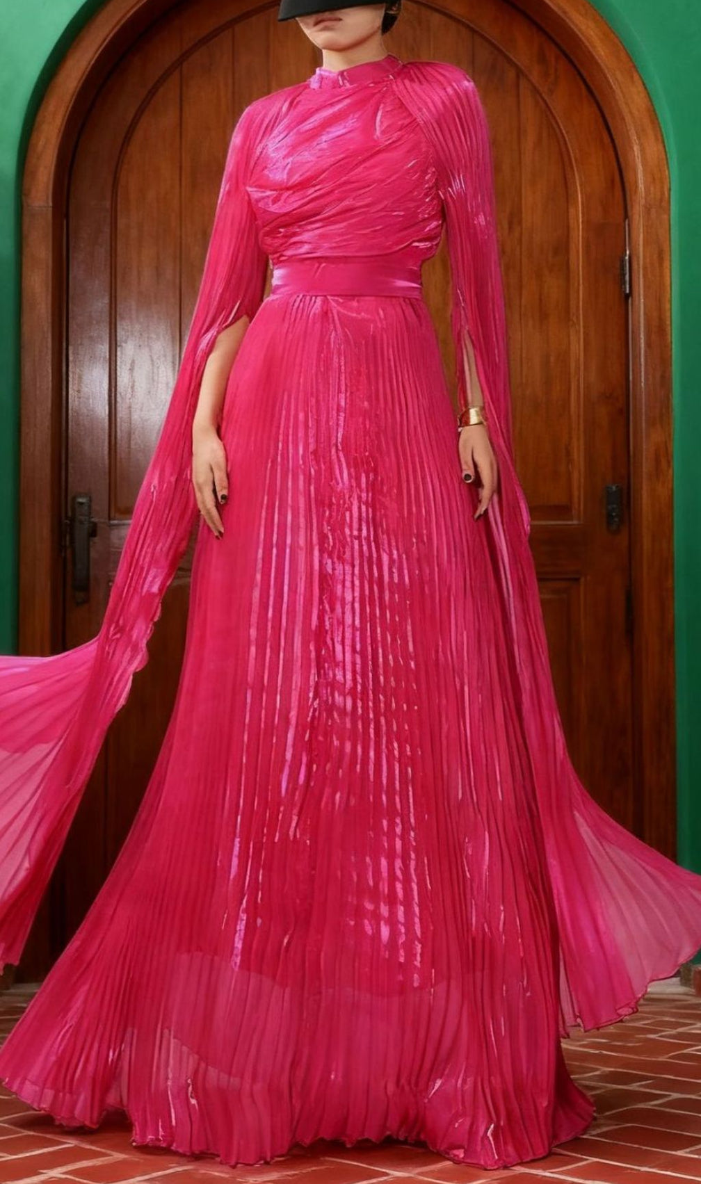 Hodaya Vibrant Pink Pleated Long Sleeve Maxi Dress - Elegant Formal Gown