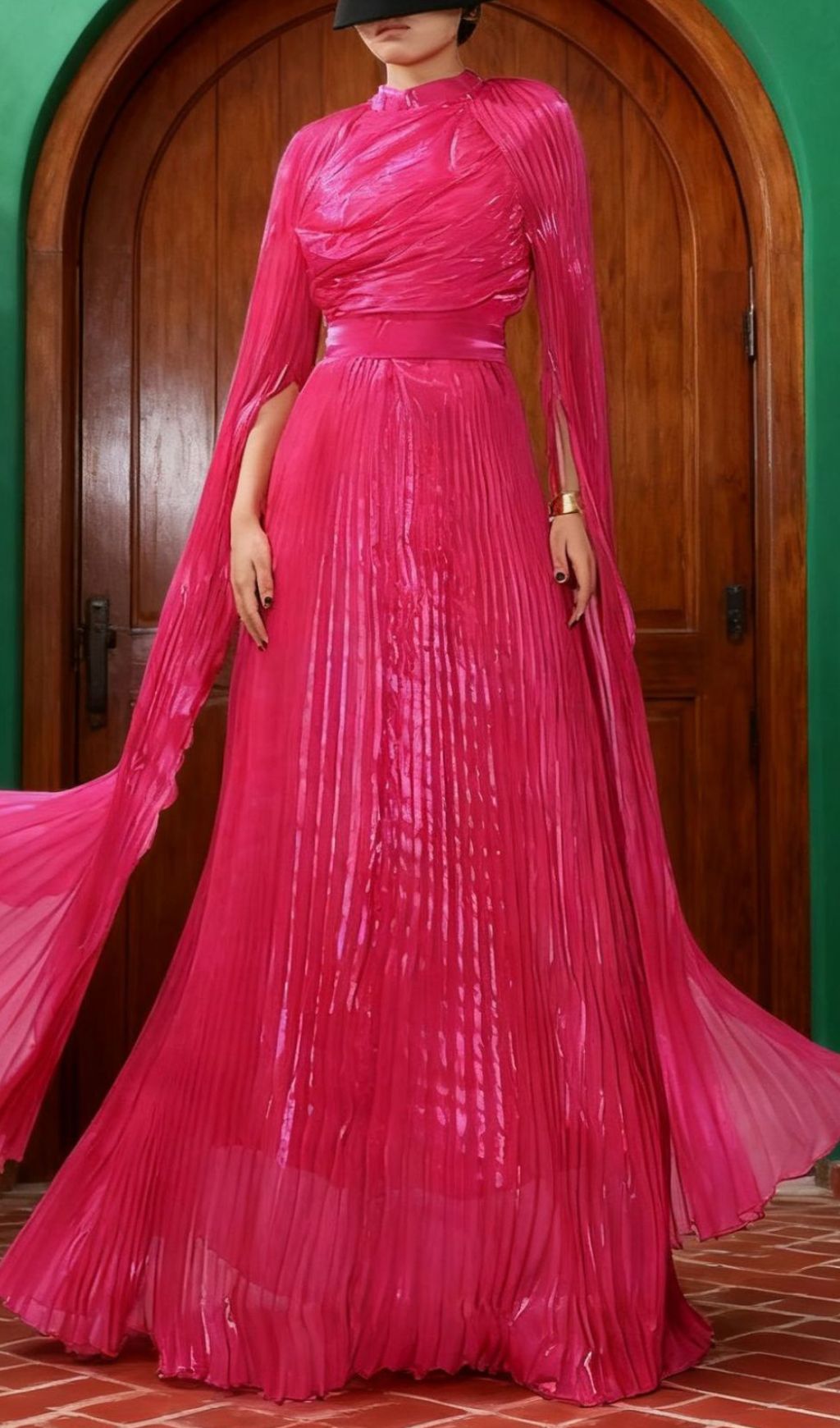 Hodaya Vibrant Pink Pleated Long Sleeve Maxi Dress - Elegant Formal Gown