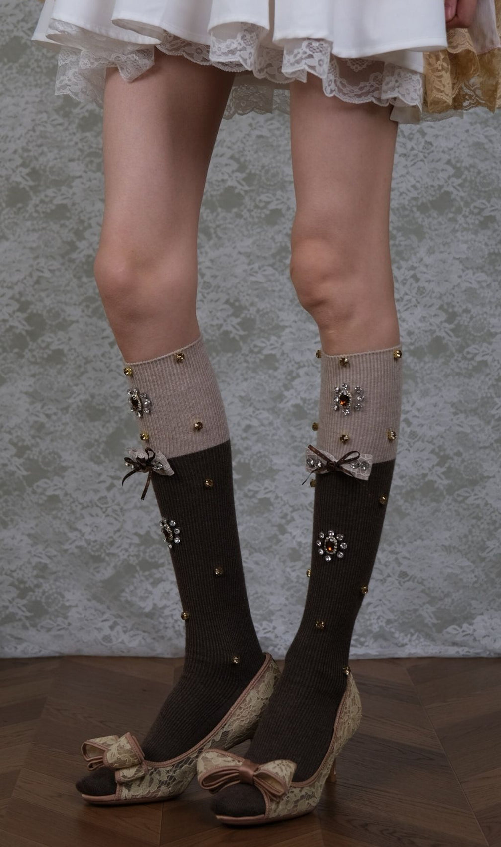 Chic Two-Tone Diamante Bow Stockings for Women