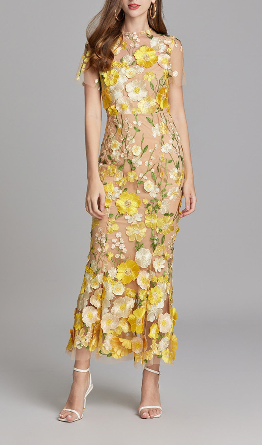 Carol Yellow Floral Embroidery Mesh Fishtail Midi Dress