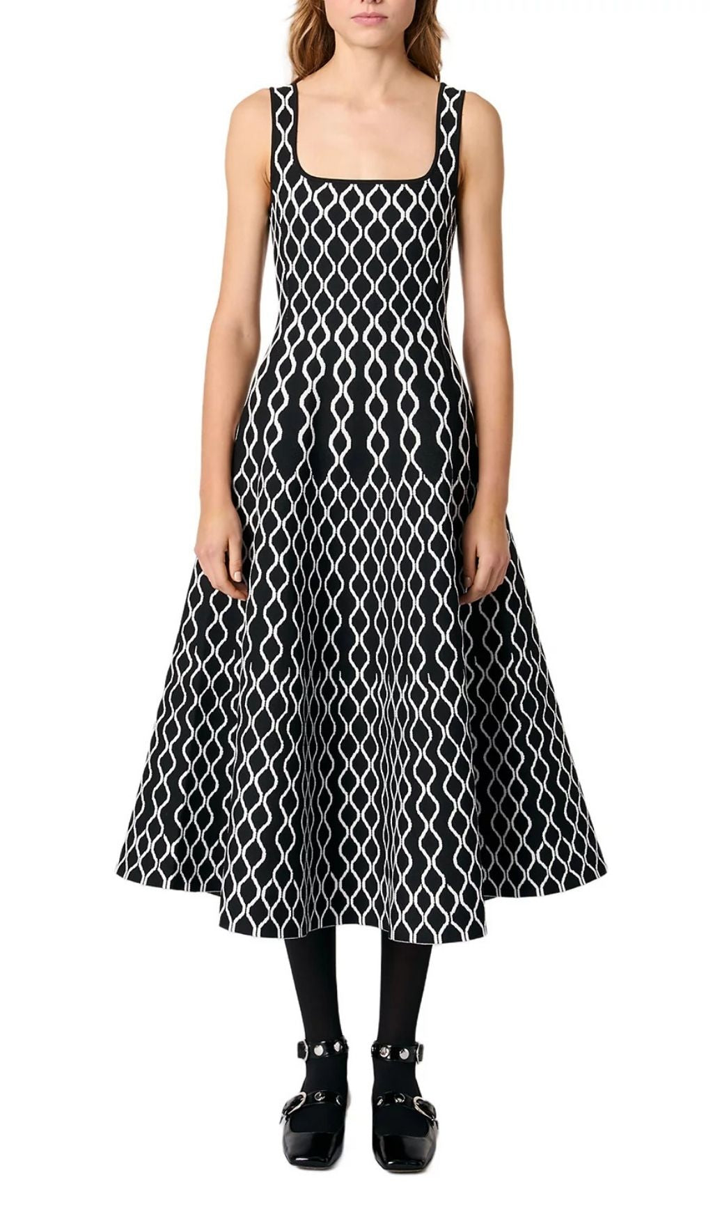 Chic Jacquard Knit Midi Dress | Black & White Square Neck Sleeveless A-Line