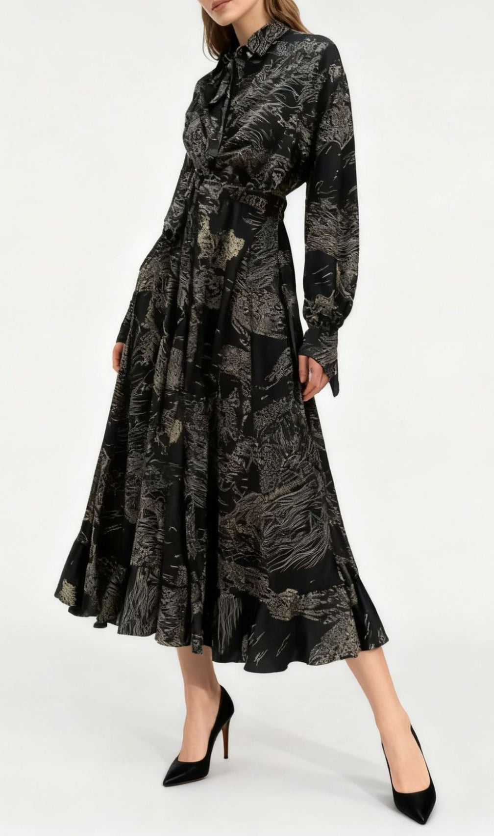 Jung Artistic Print Tie-Waist Long Sleeve Midi Dress