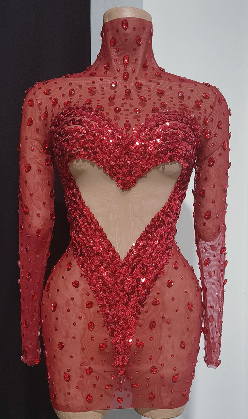Jandina Dazzling Red Sequin & Diamante Mini Dress | Sheer Heart Party Glamour