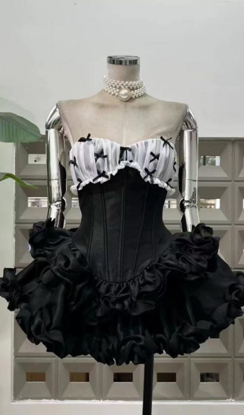 Irca Noir Strapless Corset Mini Dress with Ruffle & Bow Accents