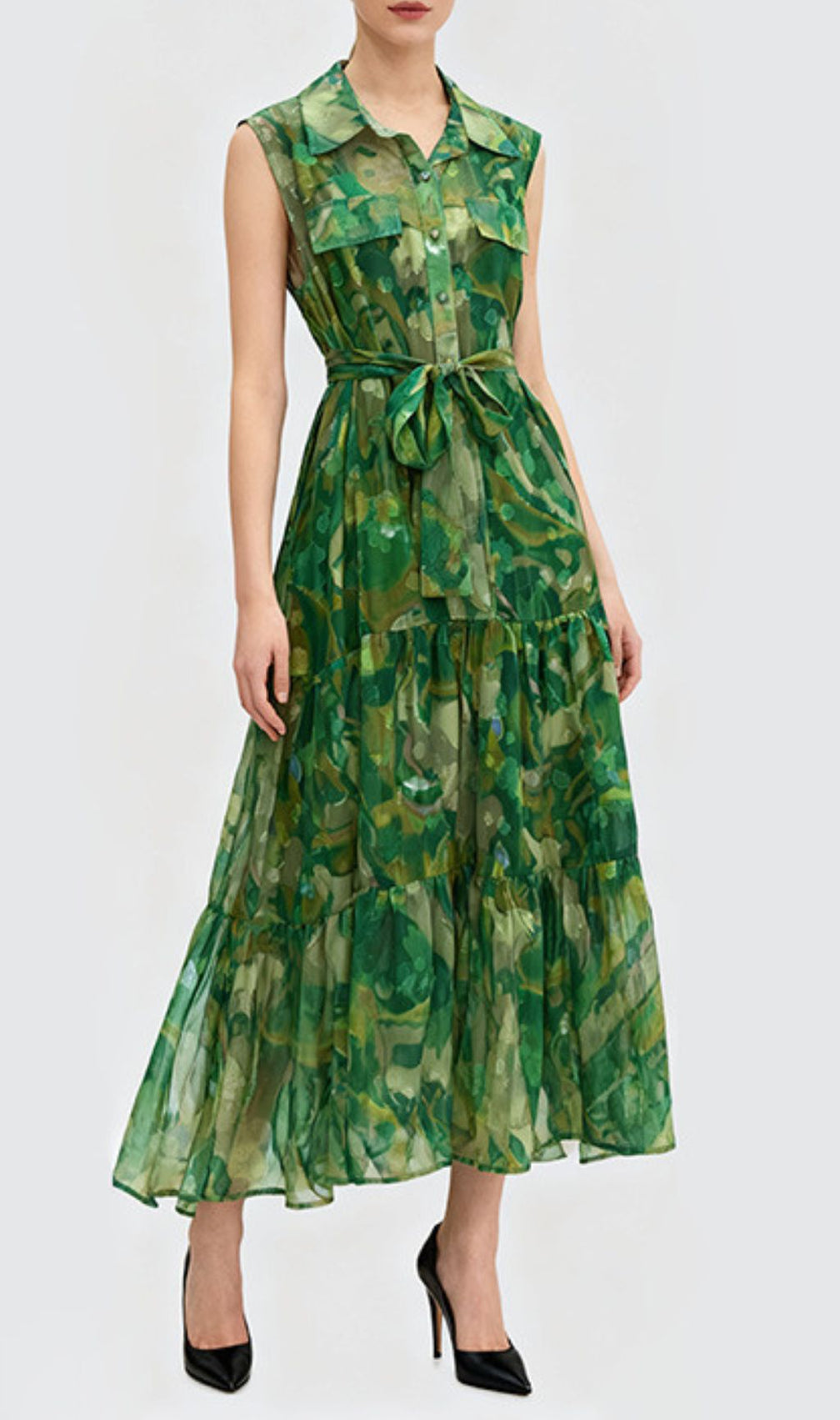 Jaap Vibrant Green Abstract Print Sleeveless Midi Dress - Effortless Shirtdress Style
