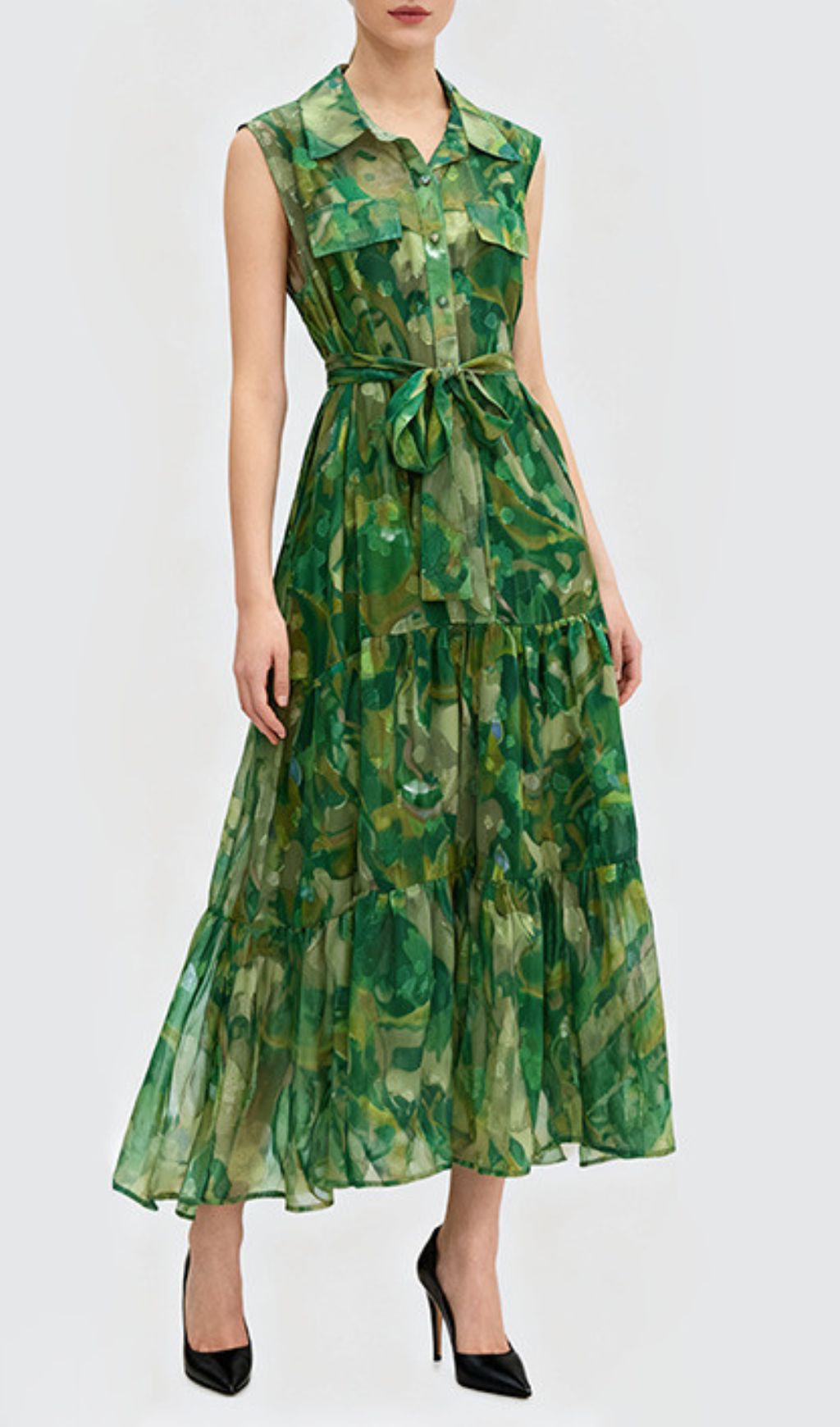 Jaap Vibrant Green Abstract Print Sleeveless Midi Dress - Effortless Shirtdress Style