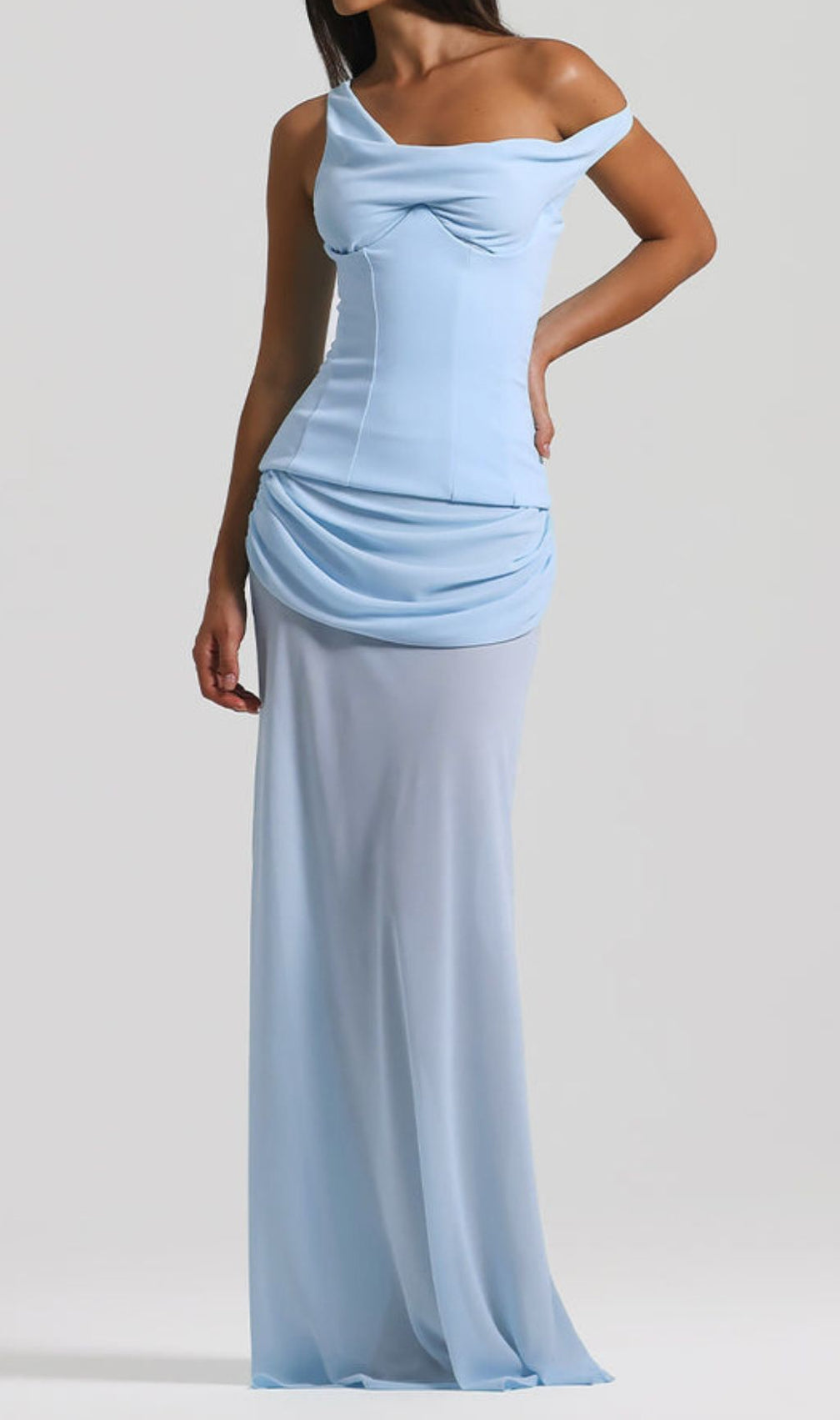 Istas Sky Blue Corset Maxi Gown - Elegant One-Shoulder Formal Dress