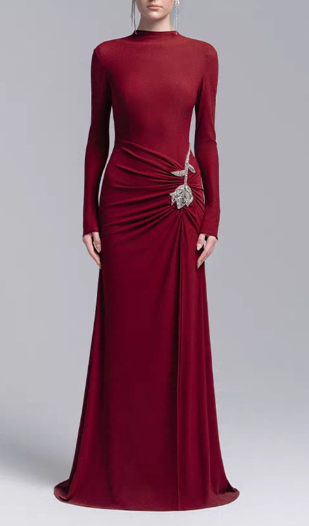 Elegant Merlot Ruched Long Sleeve Maxi Dress with Crystal Flower Embellishment