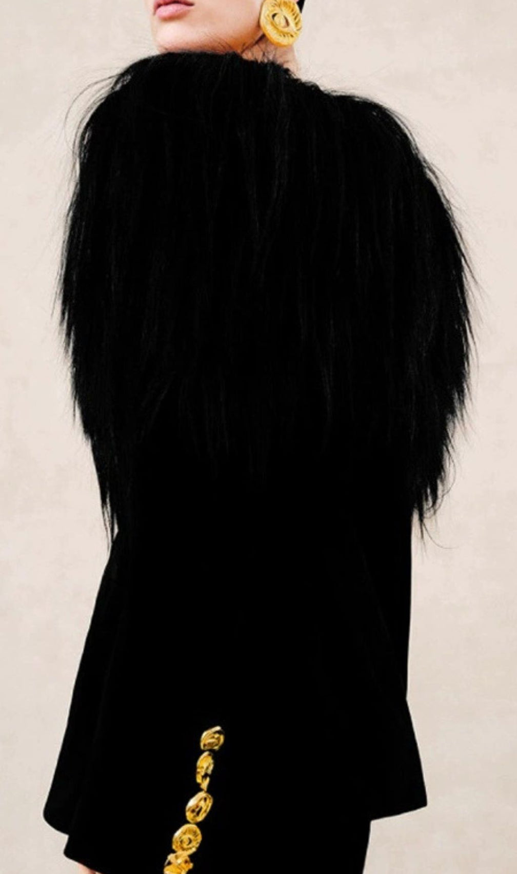 Hyunh Black Off-Shoulder Faux Fur Blazer | Golden Eye Buttons