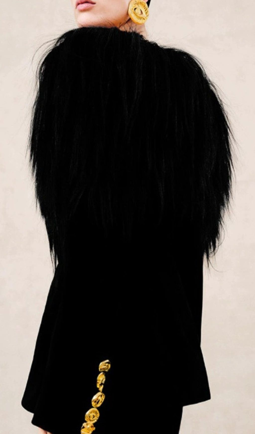 Hyunh Black Off-Shoulder Faux Fur Blazer | Golden Eye Buttons