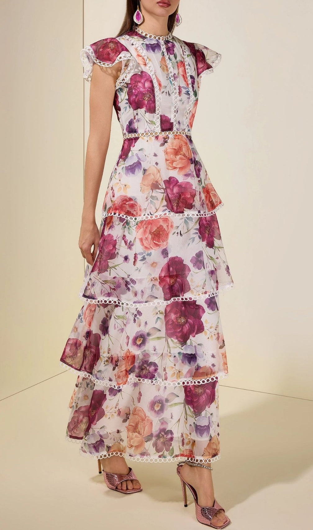 Zenobia Floral Lace Ruffle Maxi Dress - White