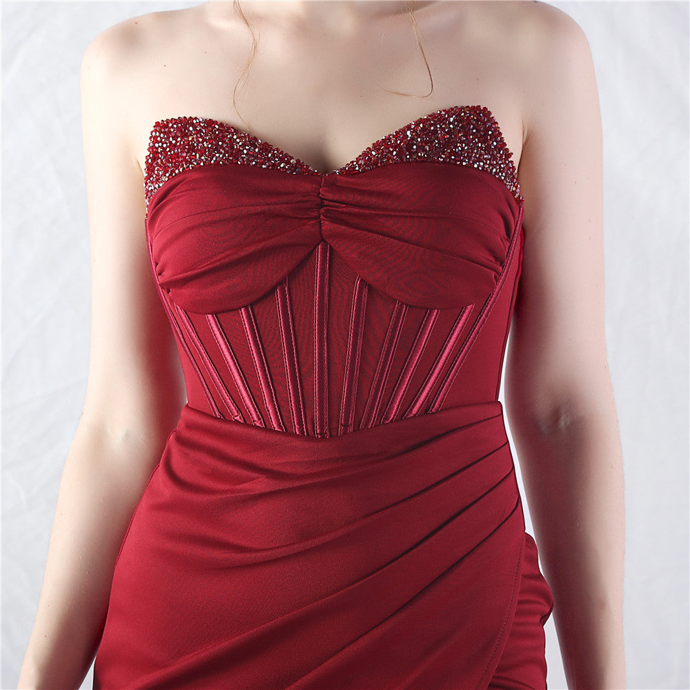 Chizue Red Strapless Corset Split Maxi Dress
