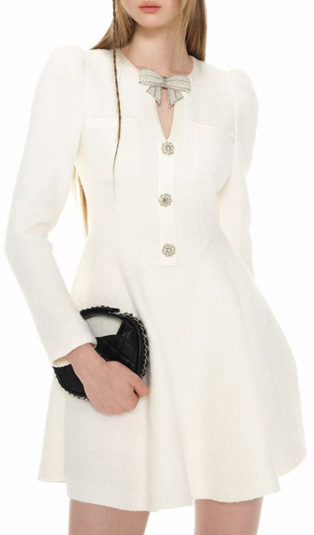 Elegant White Tweed Bow Mini Dress | Long Sleeve Fit & Flare
