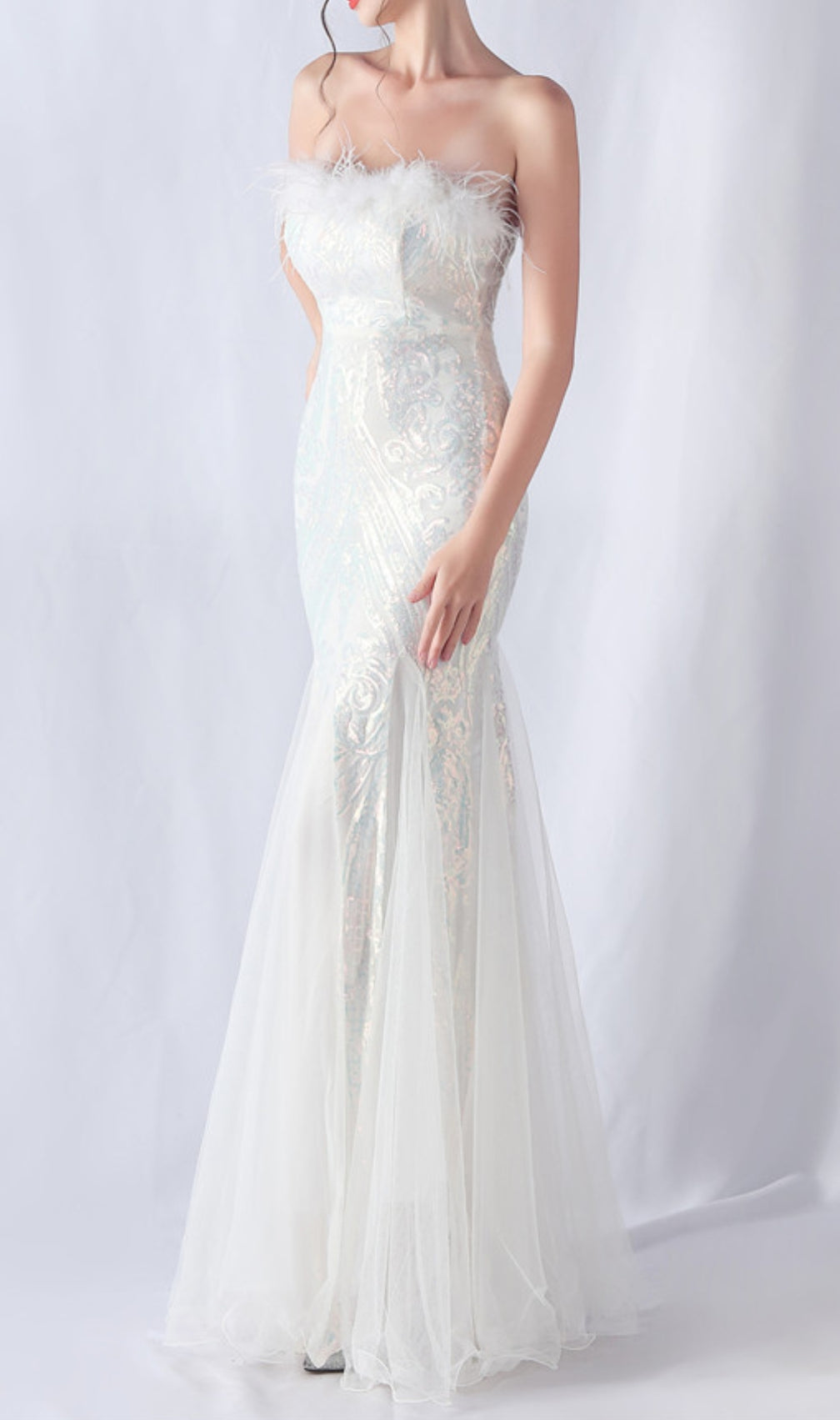 Choire White Sequin Feather Maxi Dress