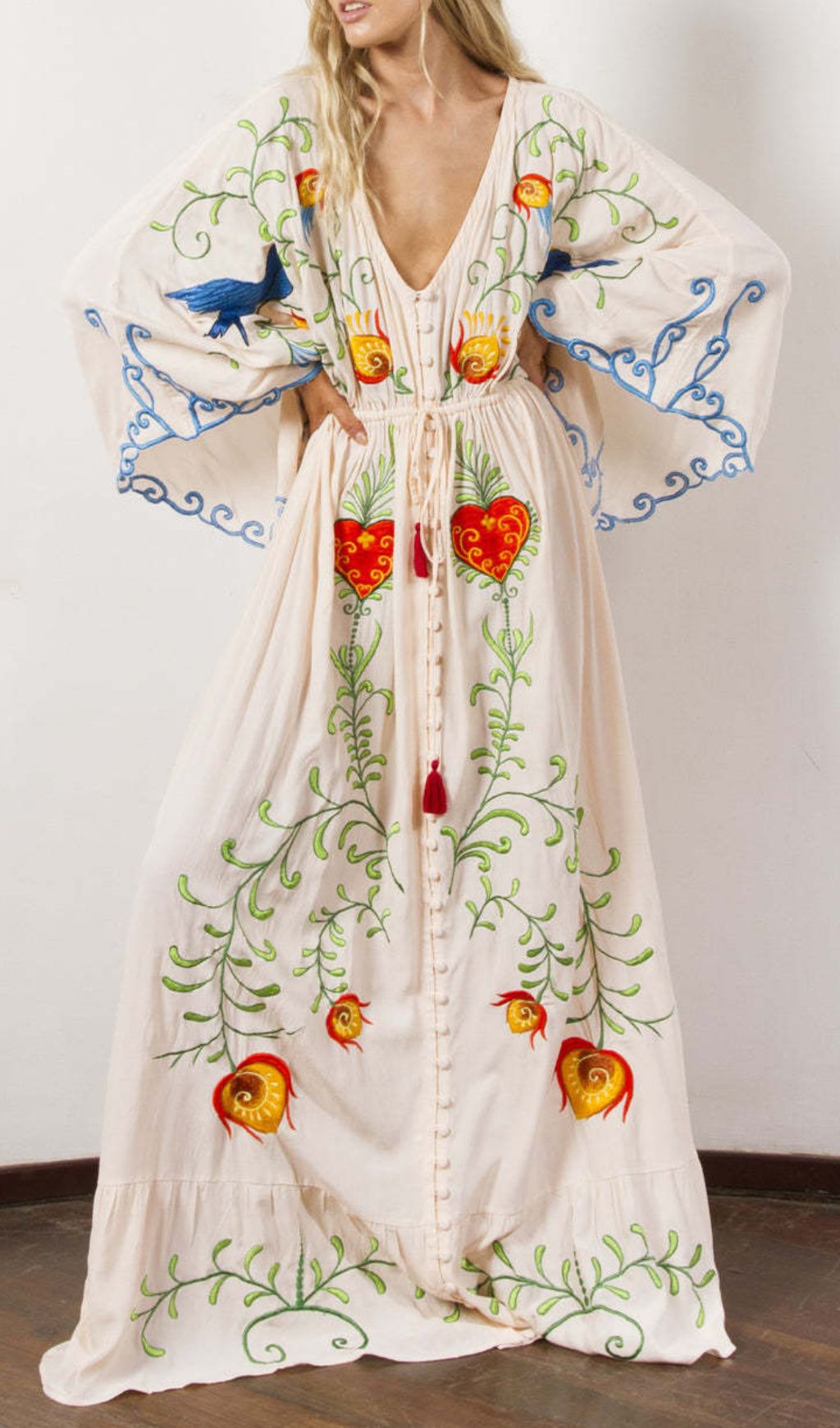 Gita Flower Embroidery Long Sleeve Maxi Dress