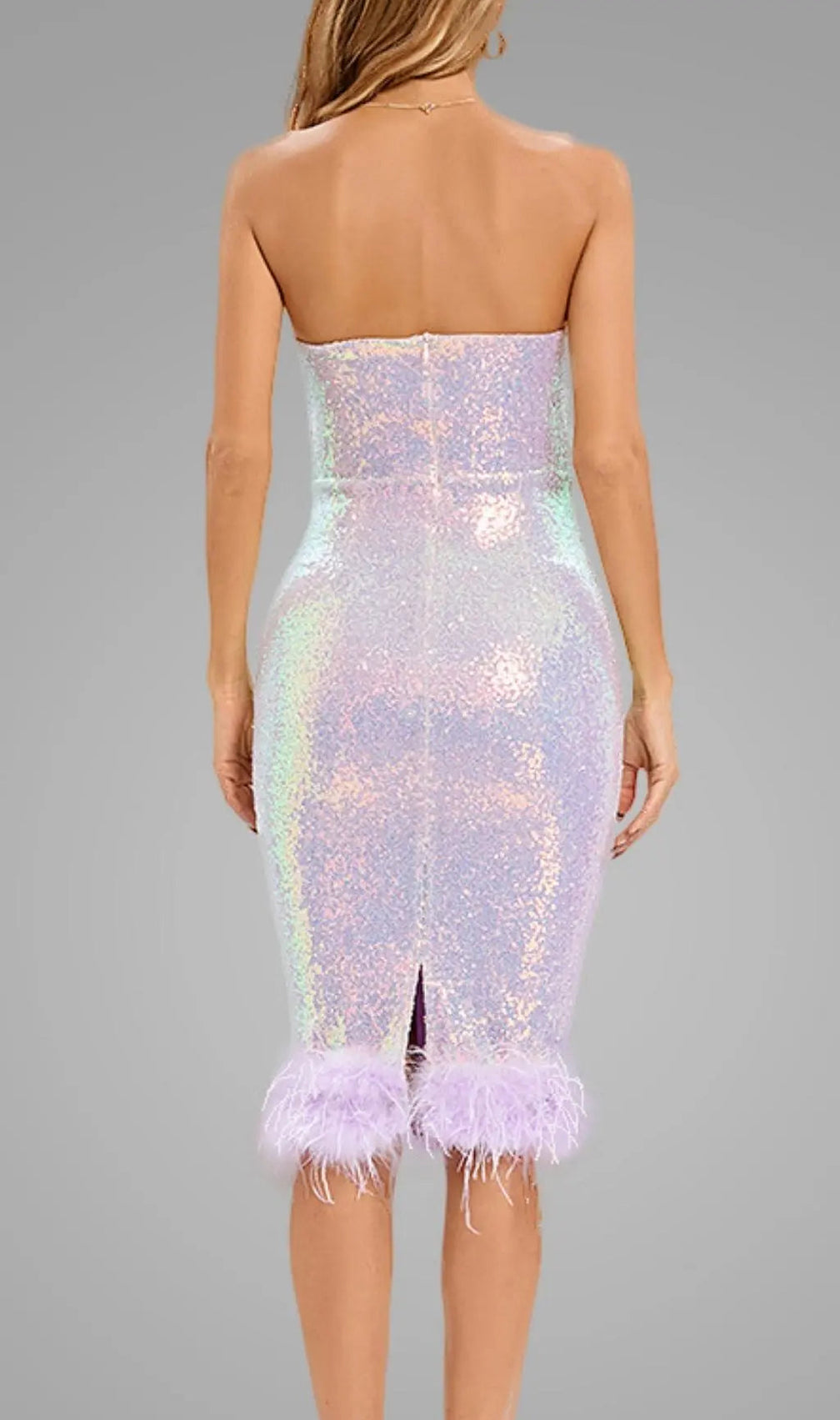 Purple Strapless Sequin Feather Midi Dress