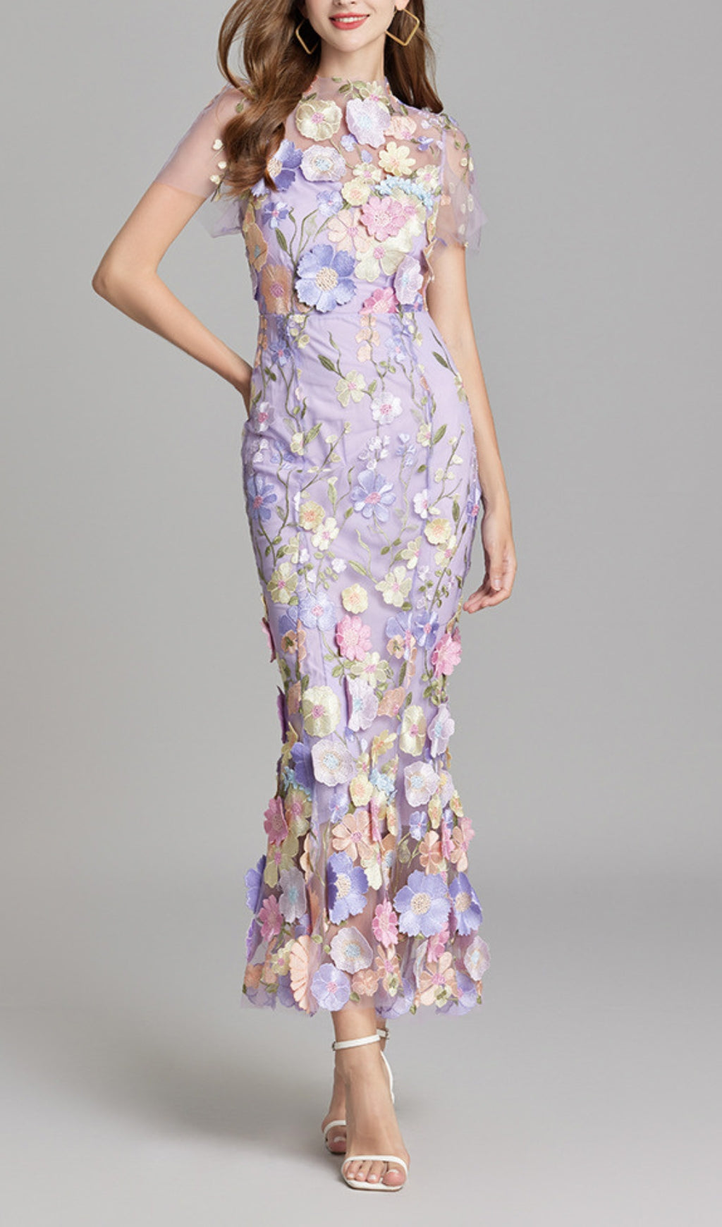 Carol Purple Floral Embroidery Mesh Fishtail Midi Dress