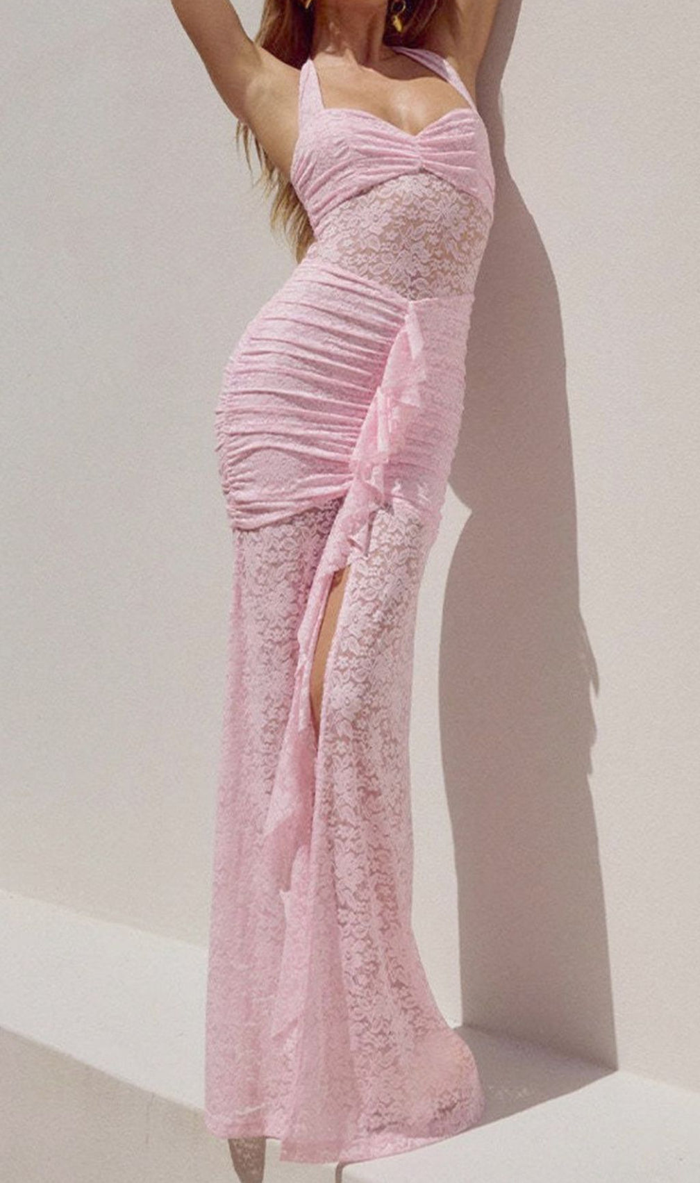 Fusayo Pink Halter Ruched Lace Maxi Dress