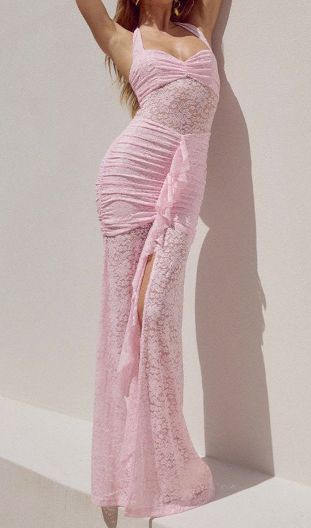 Fusayo Pink Halter Ruched Lace Maxi Dress