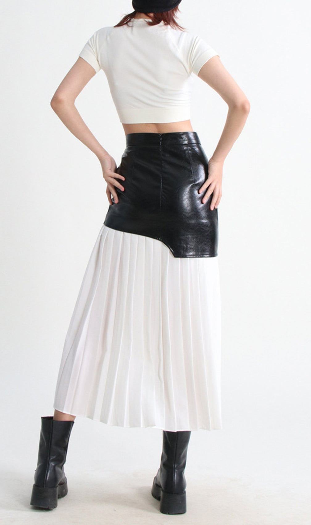 Evgeniy White Leather Pleated Midi Skirt