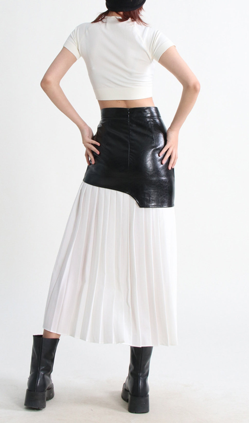 Evgeniy White Leather Pleated Midi Skirt