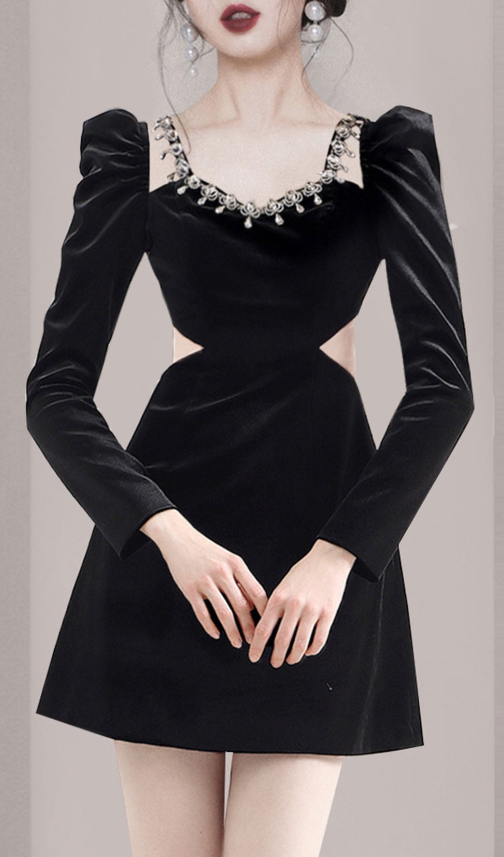 Square Neck Long Sleeve Velvet Mini Dress