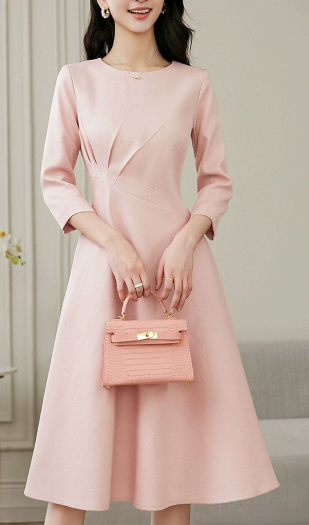 Elegant Pink Long Sleeve Midi Dress