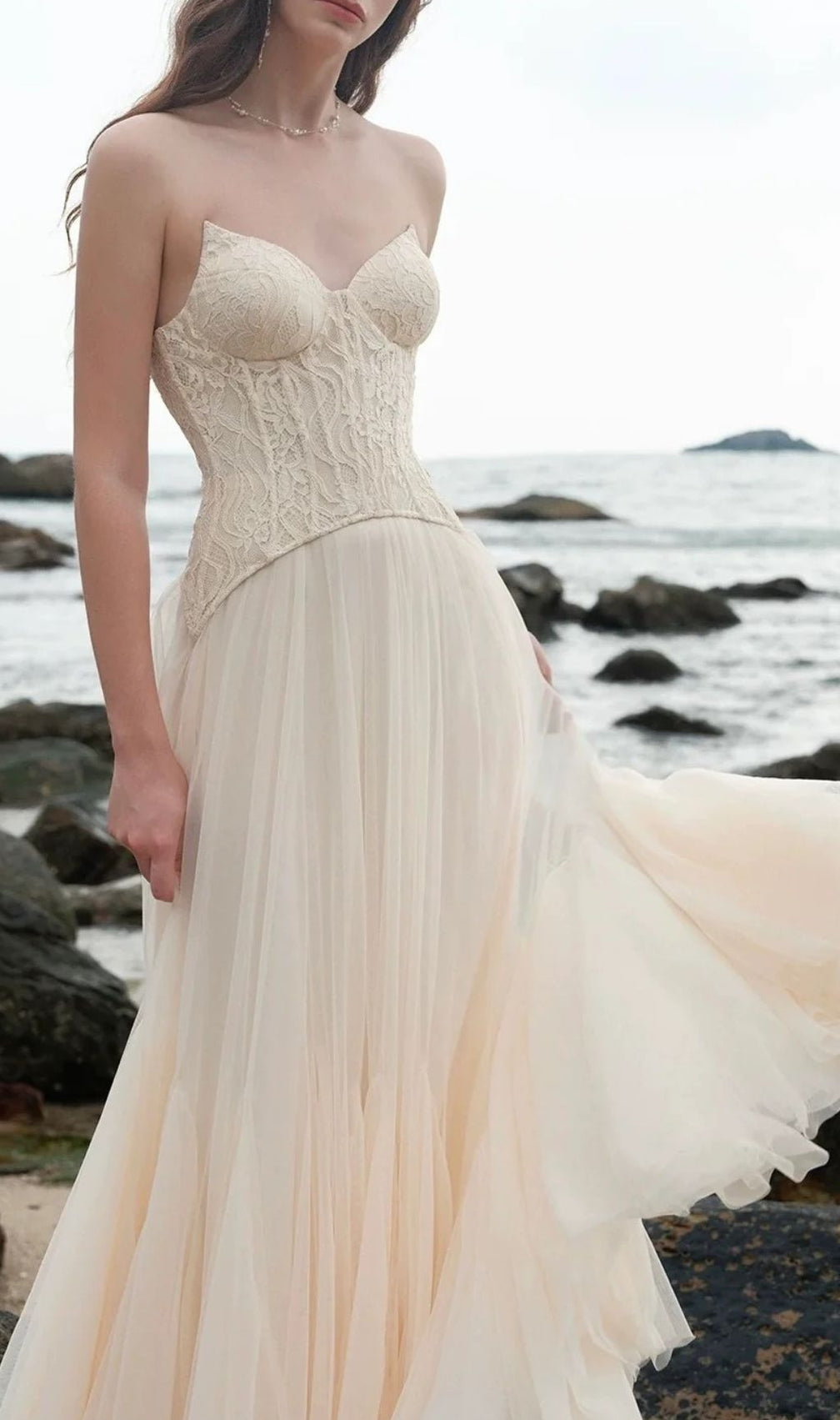 Finja Ethereal Apricot Strapless Corset Mesh Maxi Dress | Romantic Goddess Gown