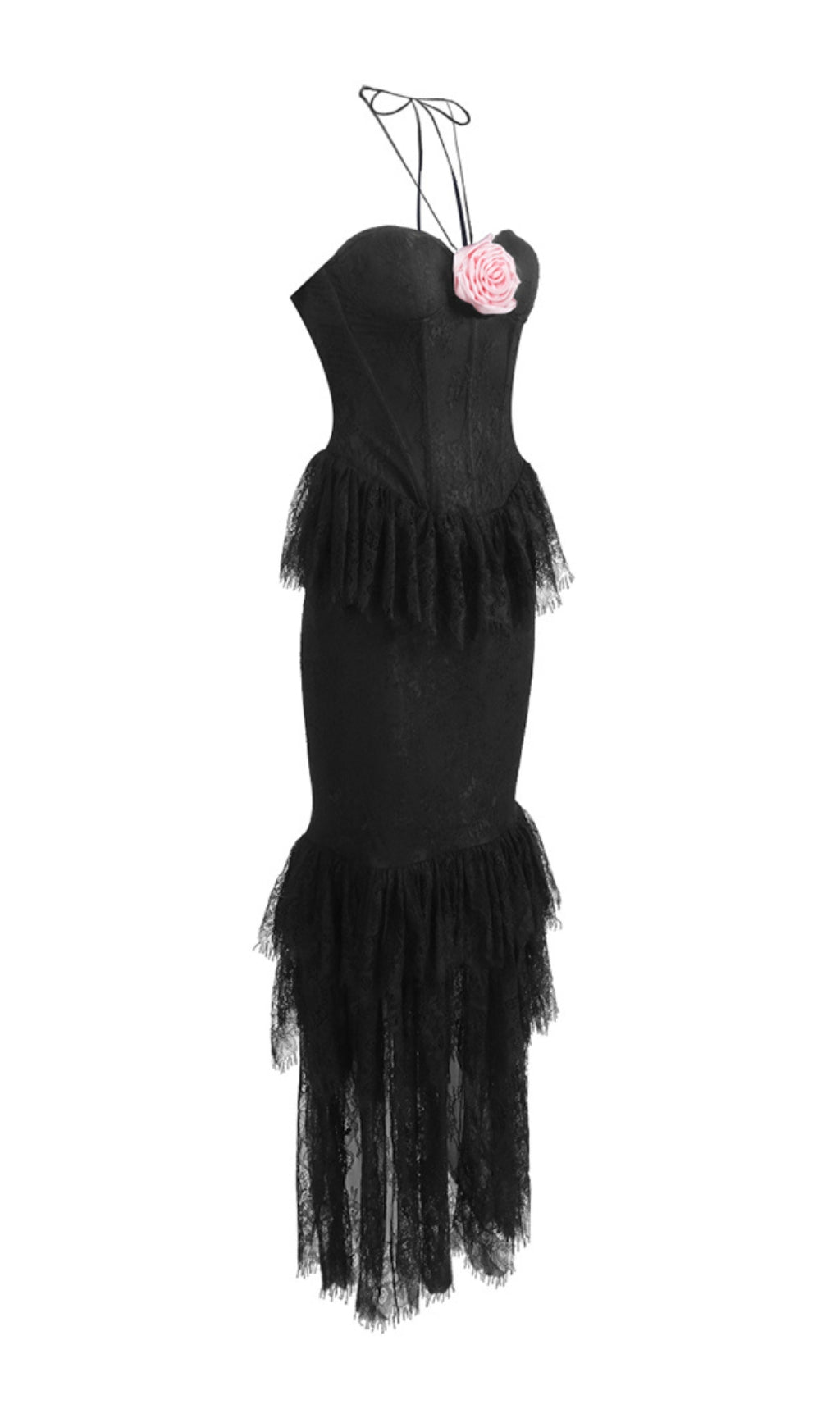 Black Halter Floral Lace Ruffle Maxi Dress