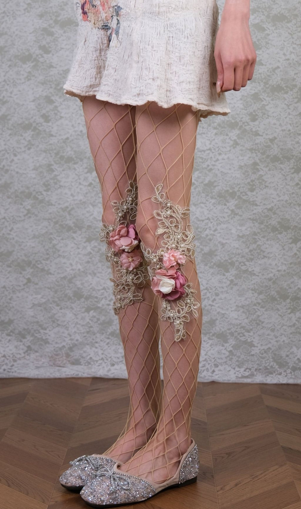 Ethereal 3D Floral & Pearl Embellished Mesh Tights