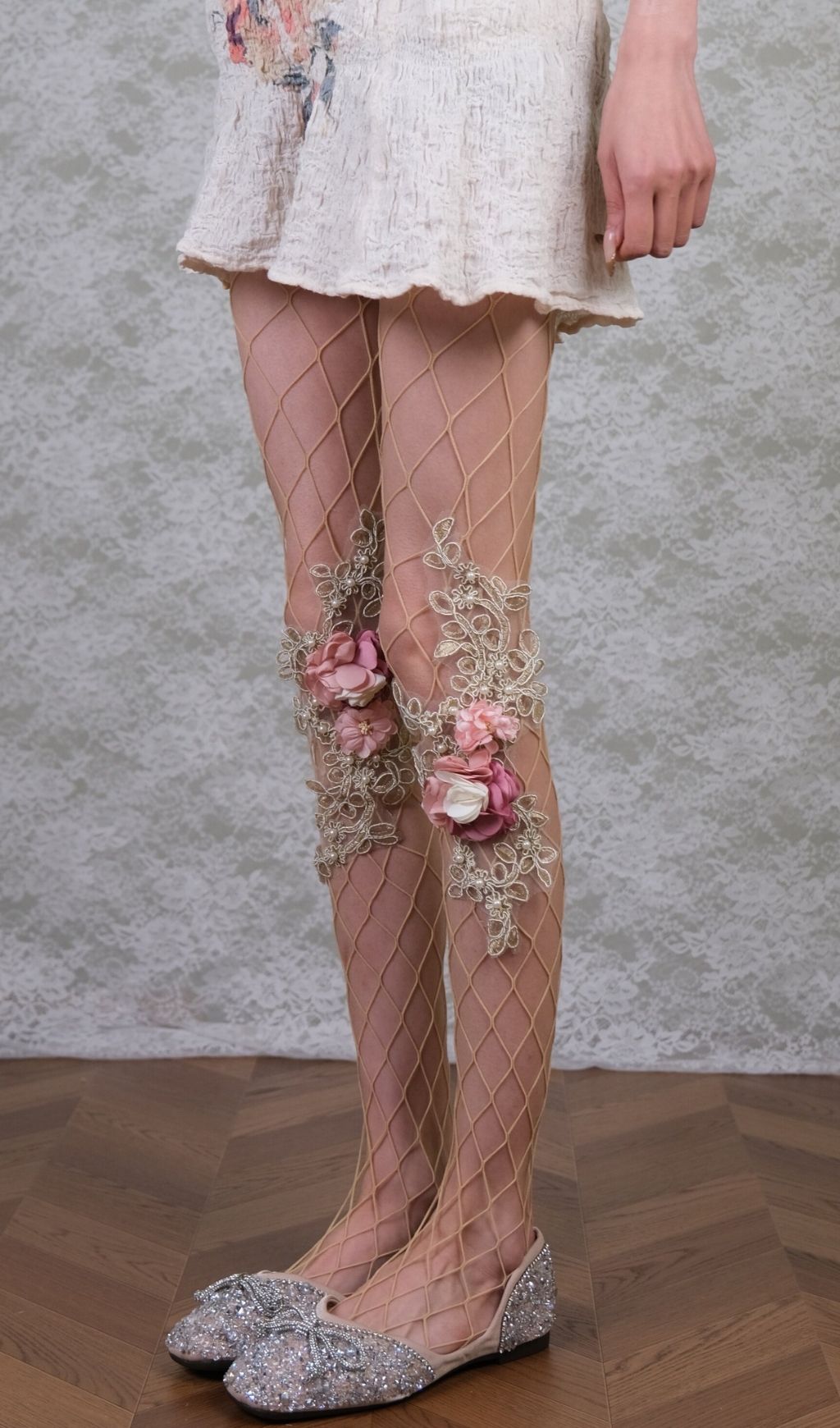 Ethereal 3D Floral & Pearl Embellished Mesh Tights