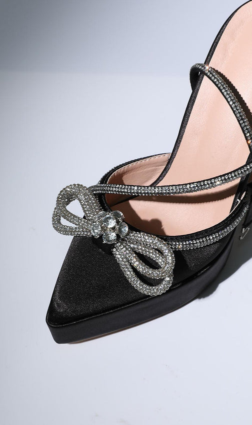 Bow Crystal Satin Heels In Black