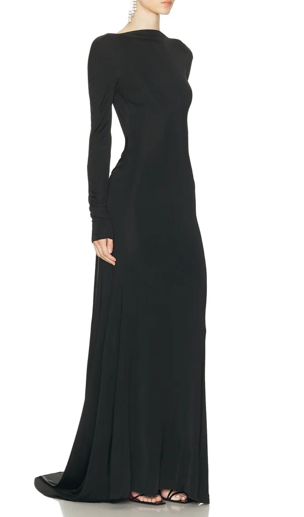Iiona Black Backless Long Sleeve Maxi Dress: Dramatic & Elegant Evening Gown