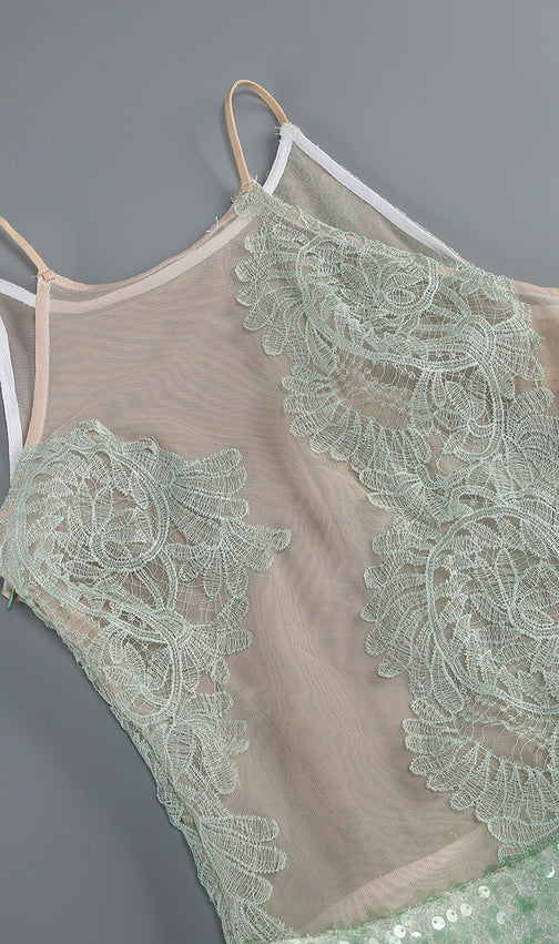 Kayla Enchanting Green Sequin & Lace Mini Dress with 3D Floral Appliqué