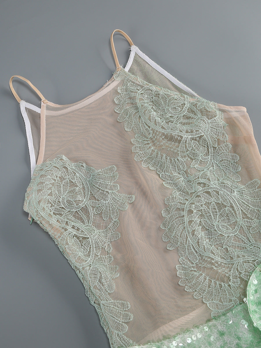Kayla Enchanting Green Sequin & Lace Mini Dress with 3D Floral Appliqué