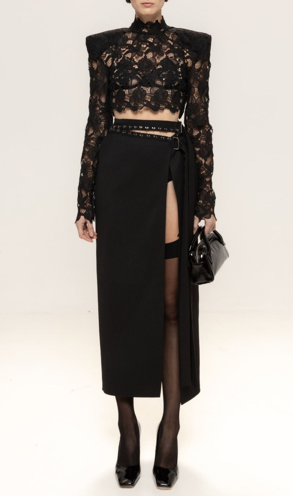 Keeva Black Lace Crop Top & High-Slit Maxi Skirt Set - Daring Elegance