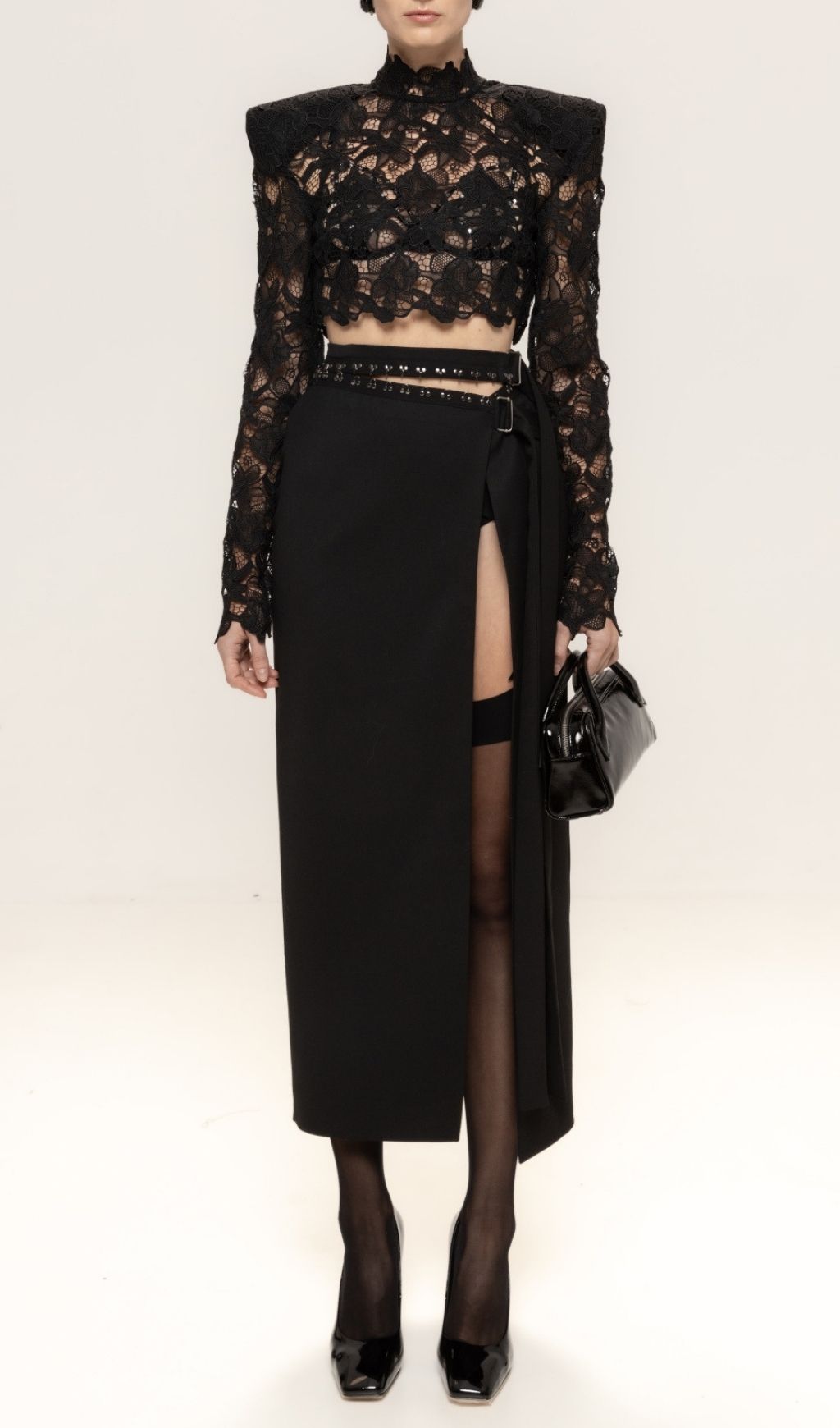 Keeva Black Lace Crop Top & High-Slit Maxi Skirt Set - Daring Elegance