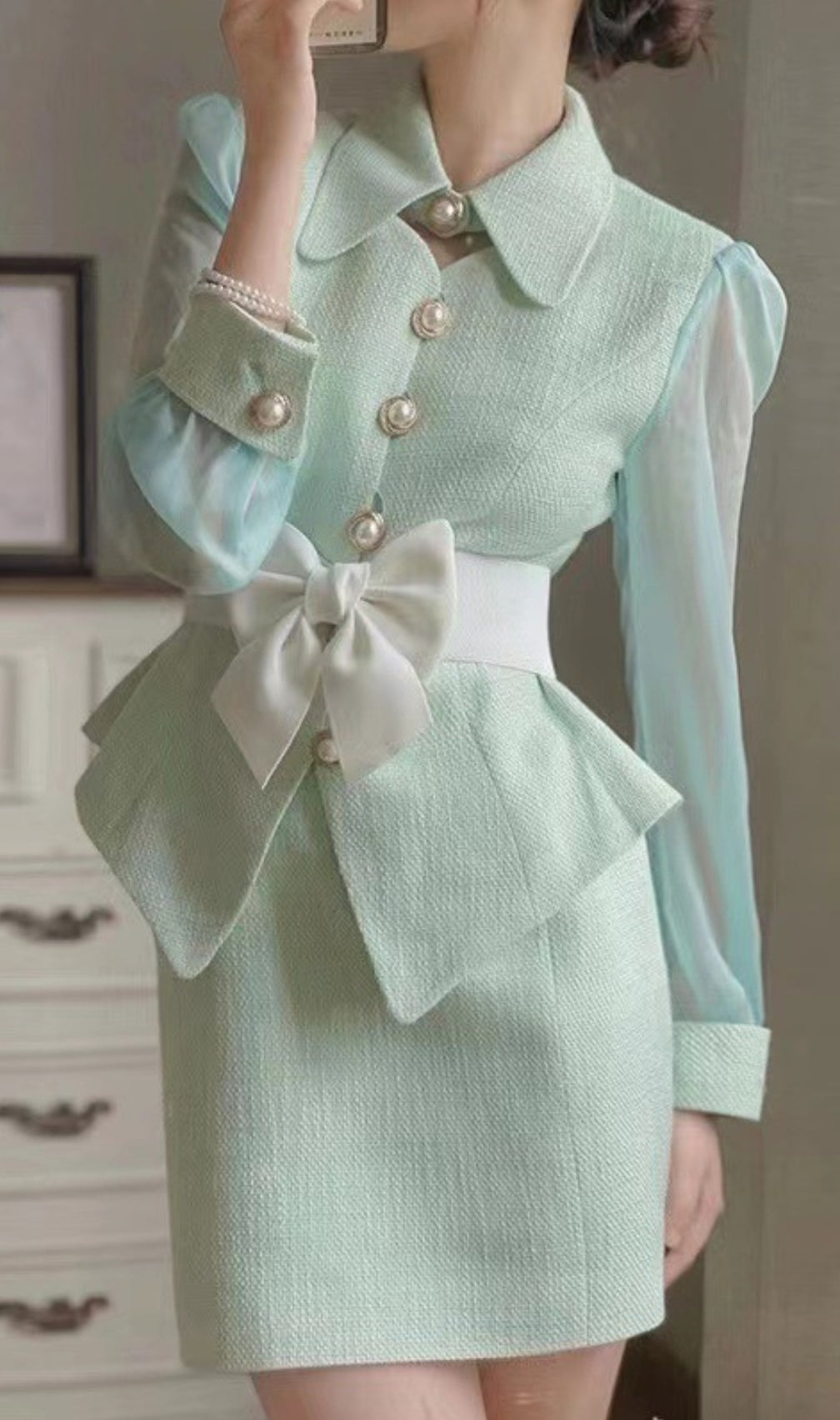 Boston Green Pearl Button Bow Skirt Set