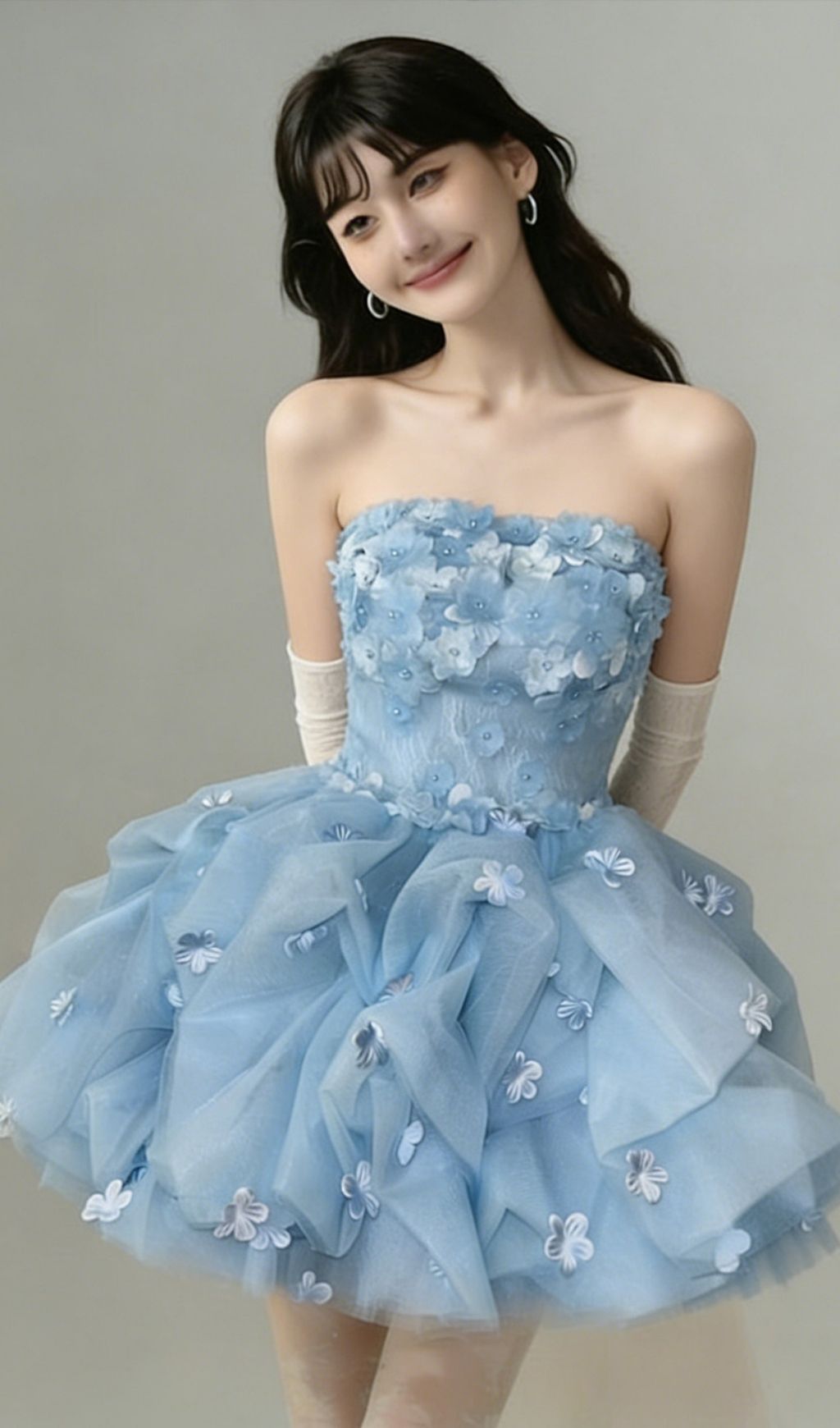 Krista Blue Strapless Flower Mini Dress