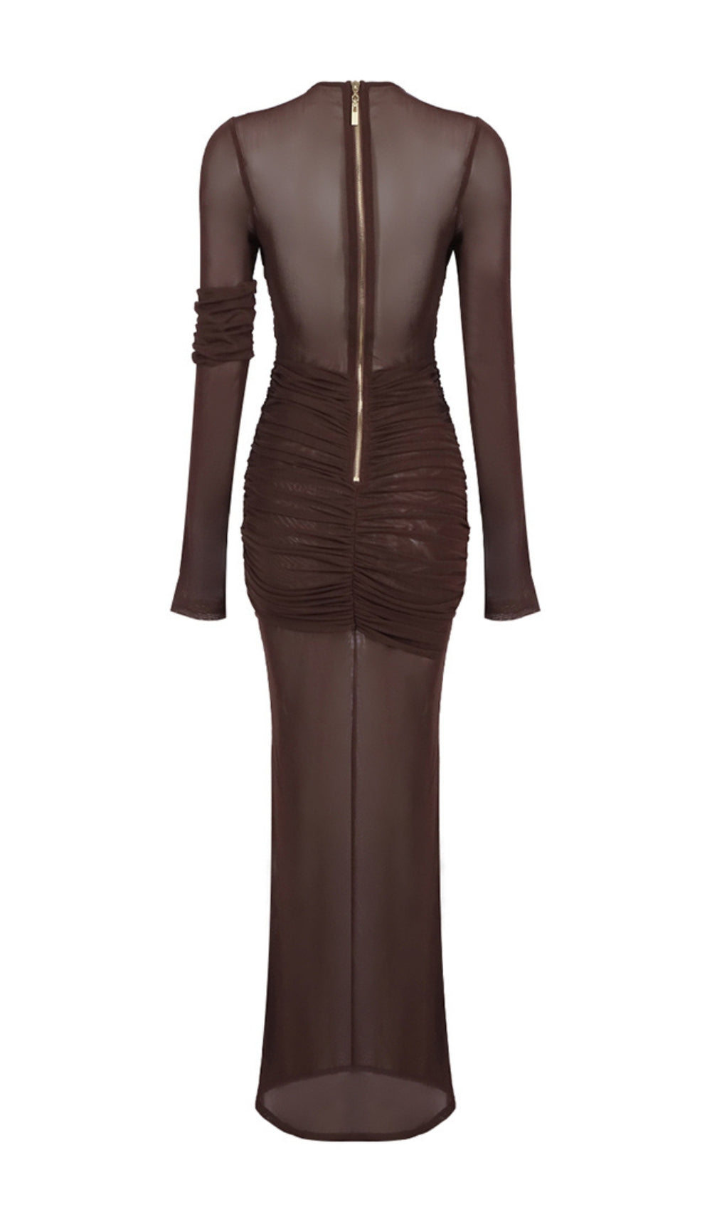 Long Sleeve Mesh Insert Draped Maxi Dress