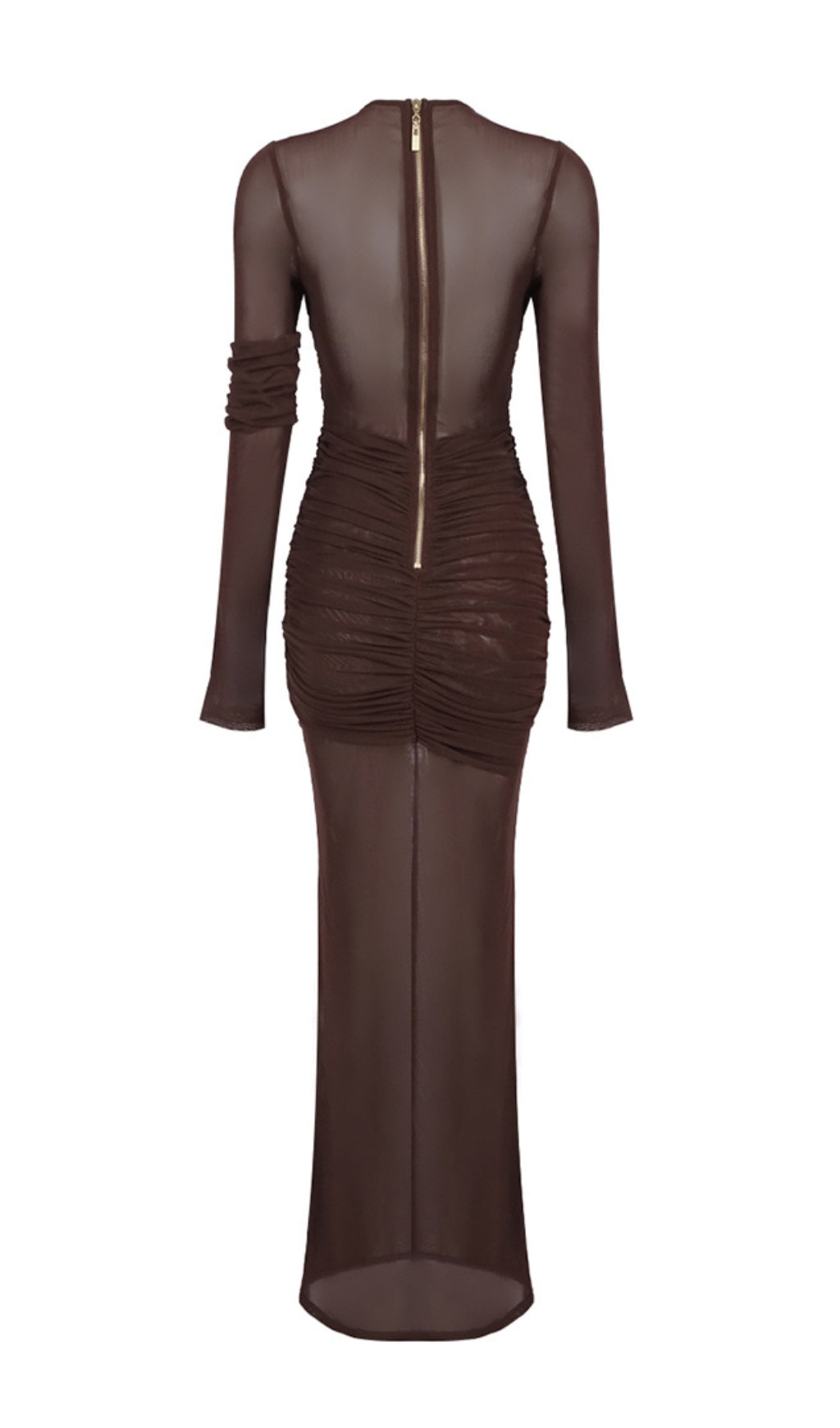 Long Sleeve Mesh Insert Draped Maxi Dress