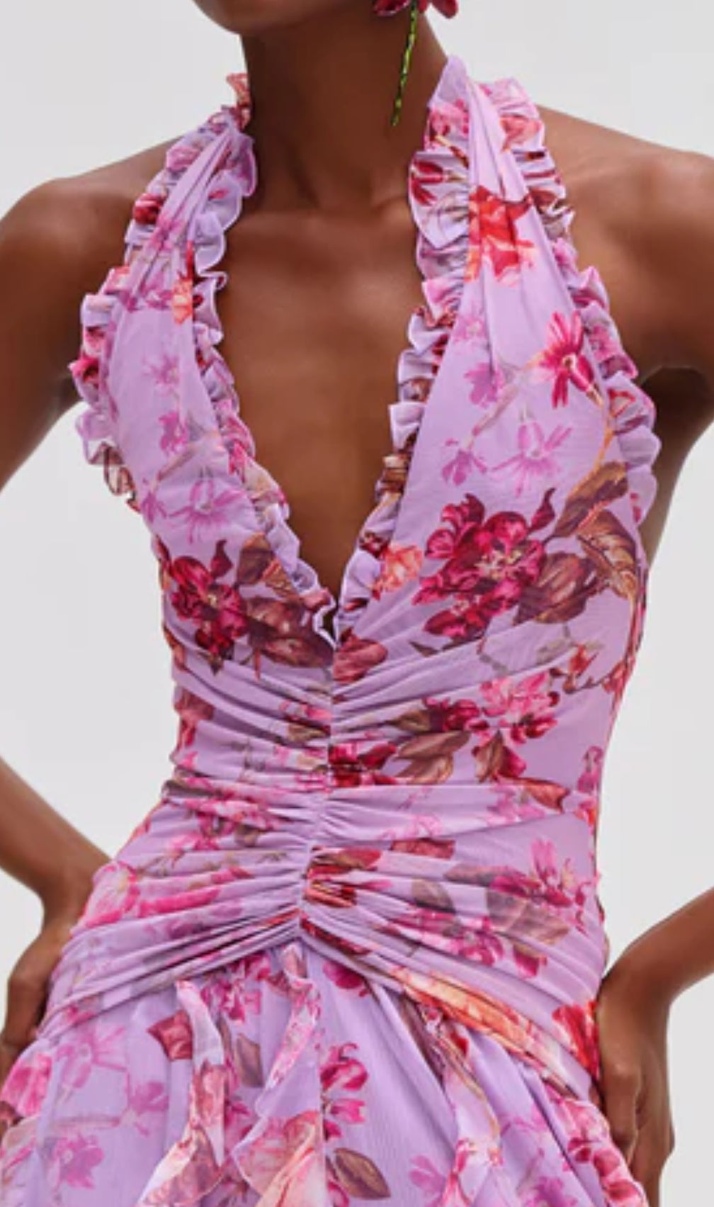 Delicah Pink Halter Floral Ruffle Maxi Dress